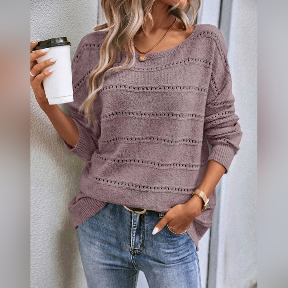 New Chic Open Knit Stripe Top Sweater Dusty Pink - Picture 1 of 9